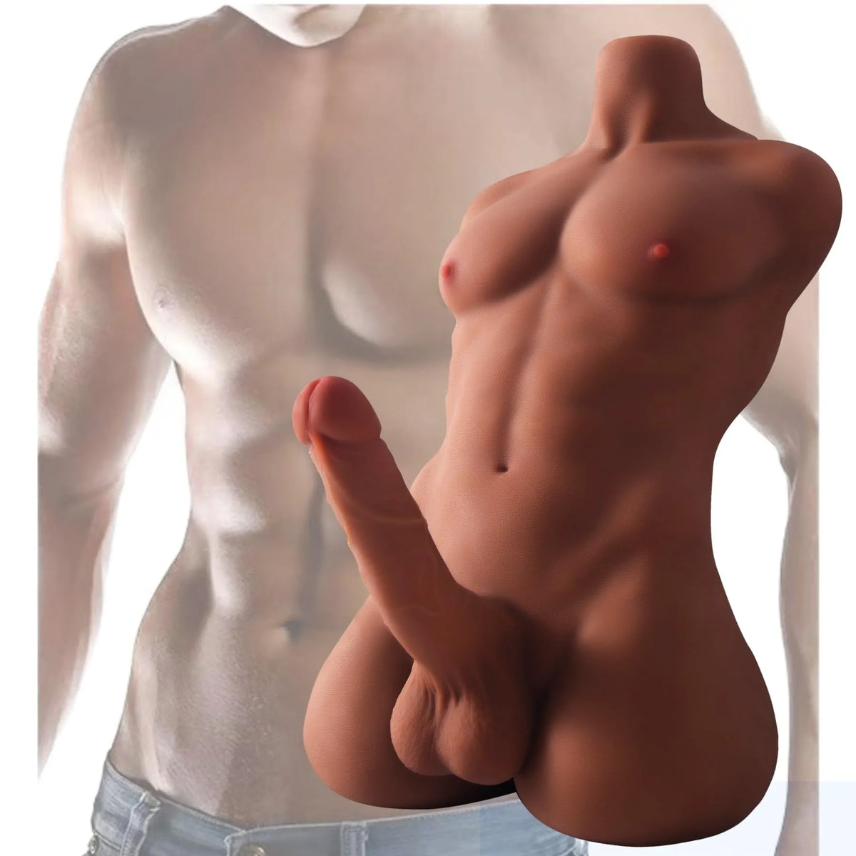 William 17.6 lb Muscular Realistic Upper Body Black Dildo Torso with 7" Dildo