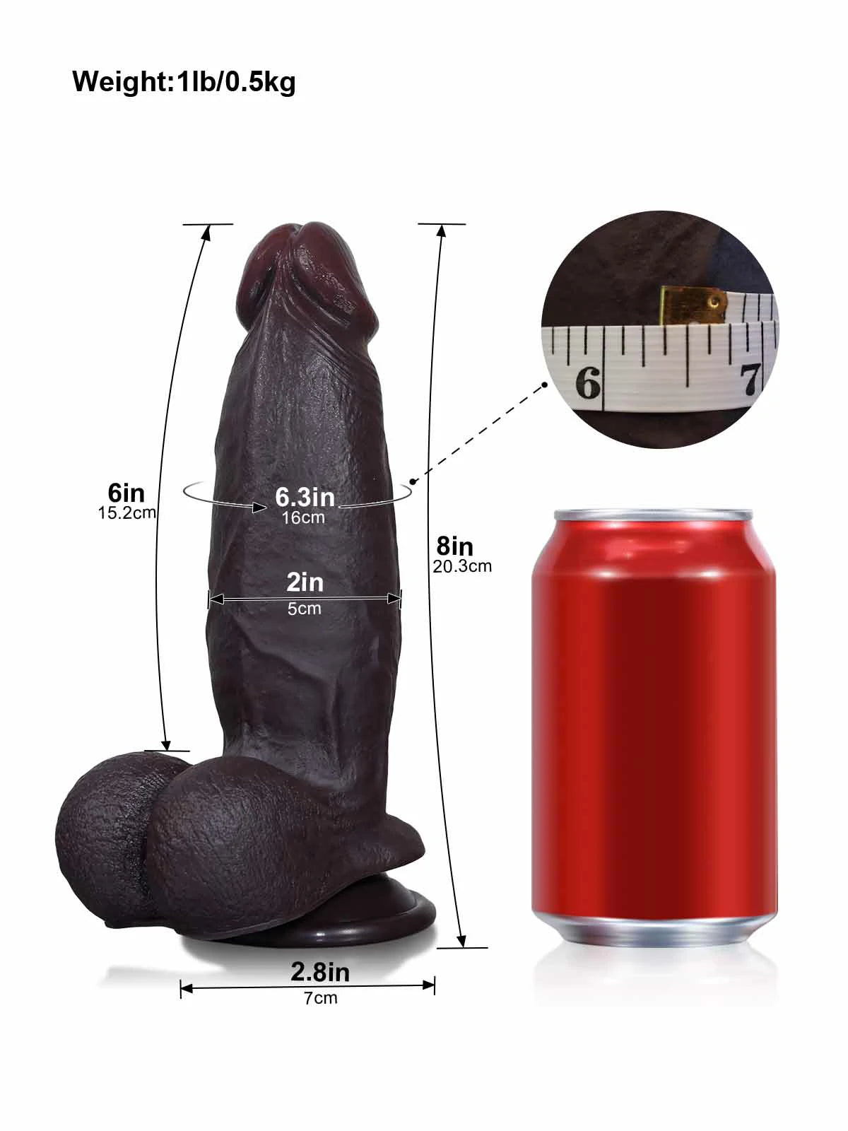 Cato 8" x 2" Compact Black Realistic Dildo with Sliding Skin & Pronounced Veins