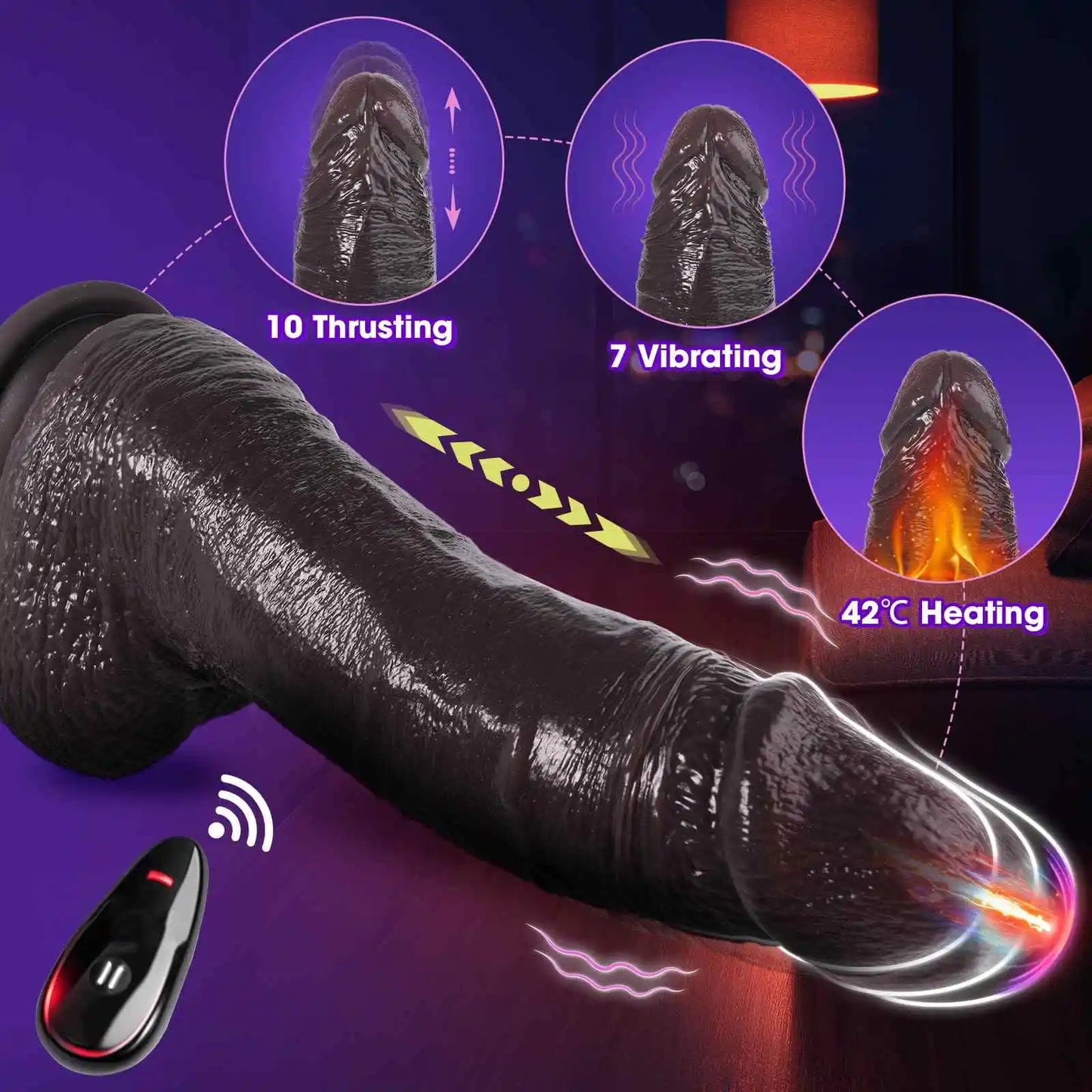 Dawn 8.3 x 2 Giant Black Heated Dildo with 7 Thrusting Forces and 10 Vibration Modes