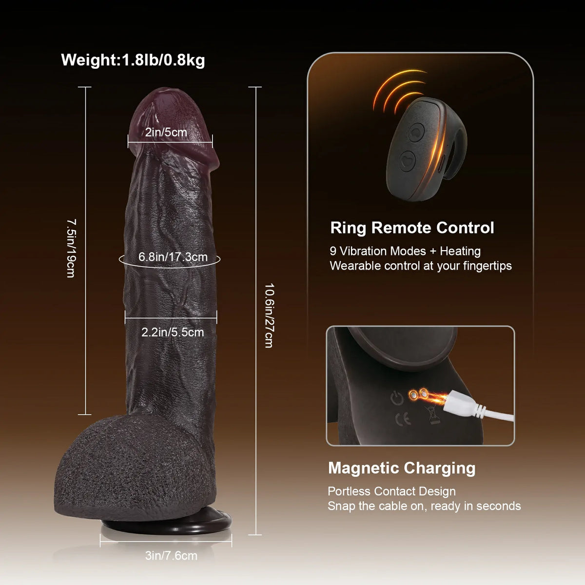 Elias 10.6" x 2.2" Thick Vibrating Warming Thrusting Realistic Black Dildo
