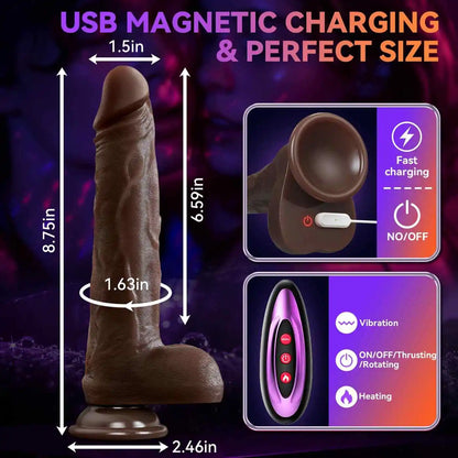 Johns 8.7" x 1.6" Black Thrusting Dildo with 3 Thrusting · 9 Vibration · Heating Function