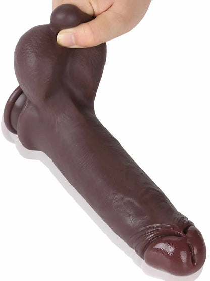 Rhys 9" x 1.8" Black Sliding Soft Skin Dirty Dildo with Realistic Testicles